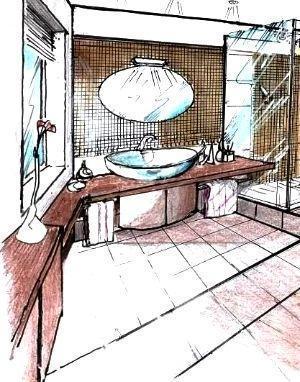 Disegno zona lavabo con mosaico tutta parete e arredi in legno